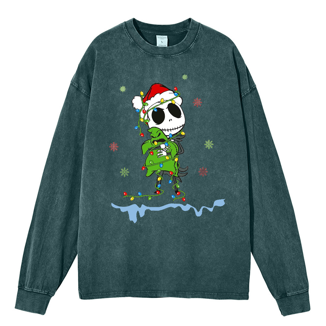 Muchic Unisex Casual Washed Christmas Nightmare Printed Round Neck Long Sleeve T-shirt