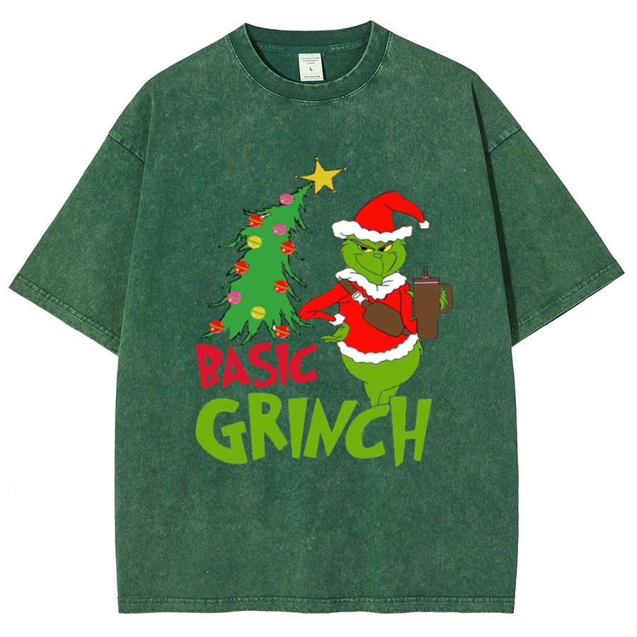 Muchic Basic Grinch Unisex Oversized Print Vintage Wash Denim T-Shirt