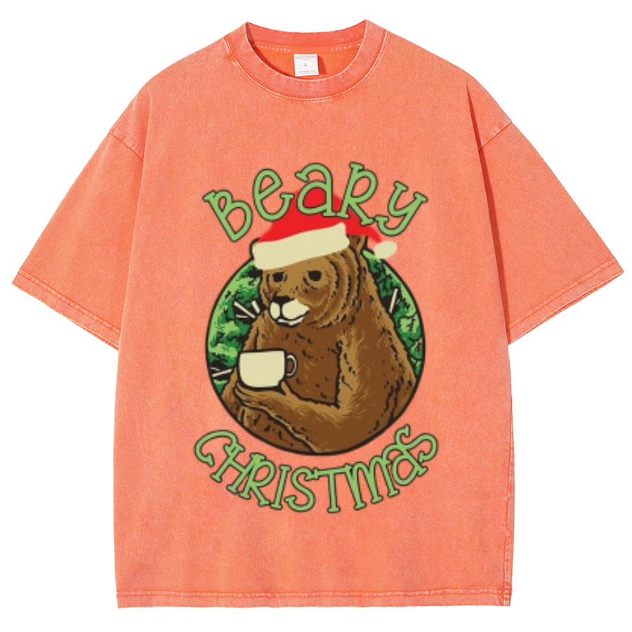 Muchic Beary Christmas Unisex Oversized Print Vintage Wash Denim T-Shirt