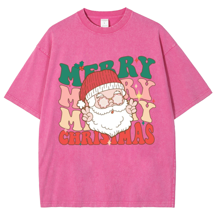 Muchic Merry Christmas Unisex Oversized Print Vintage Wash Denim T-Shirt