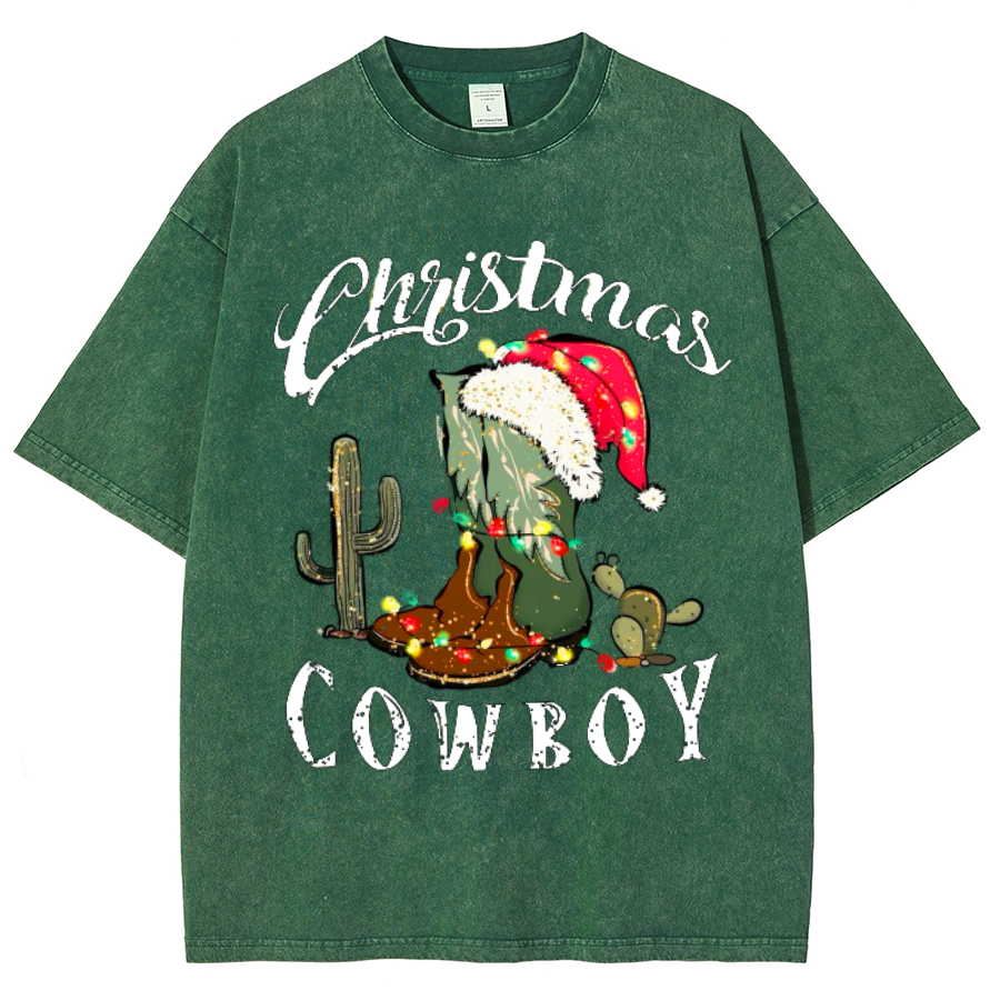 Muchic Christmas Cowboy Unisex Oversized Print Vintage Wash Denim T-Shirt