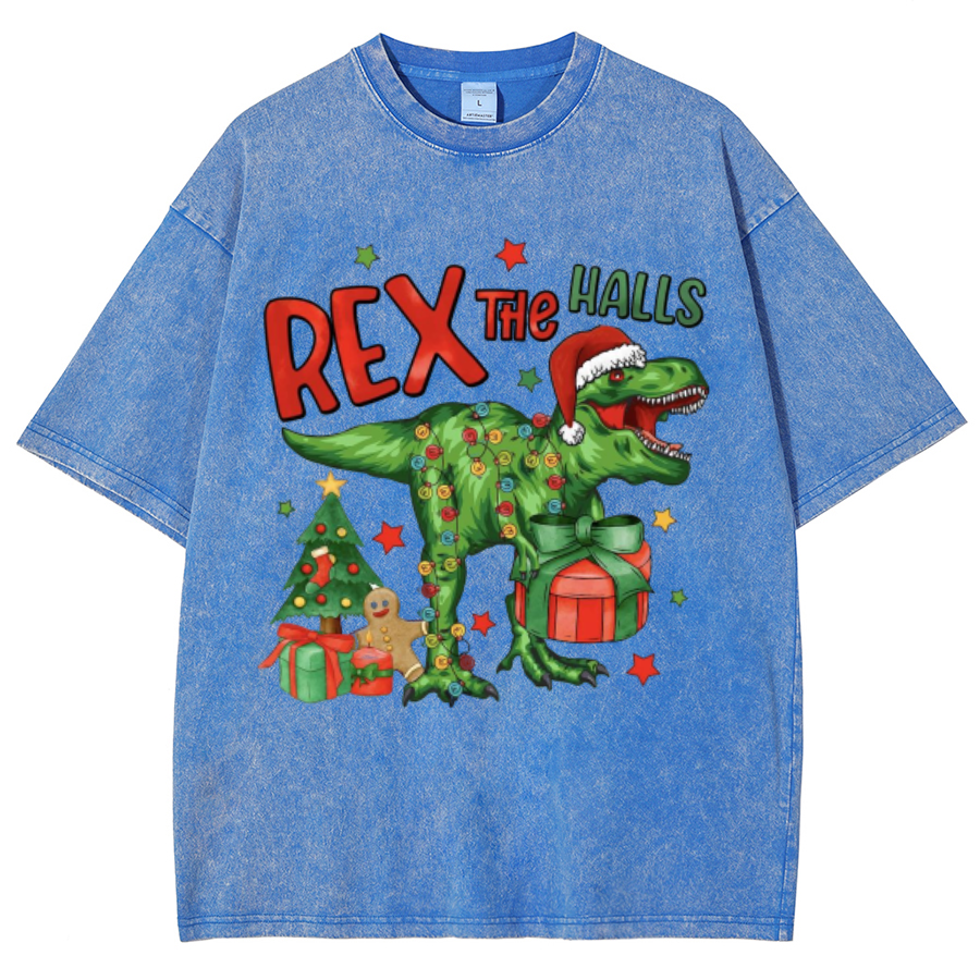 Muchic Rex The Halls Unisex Oversized Print Vintage Wash Denim T-Shirt