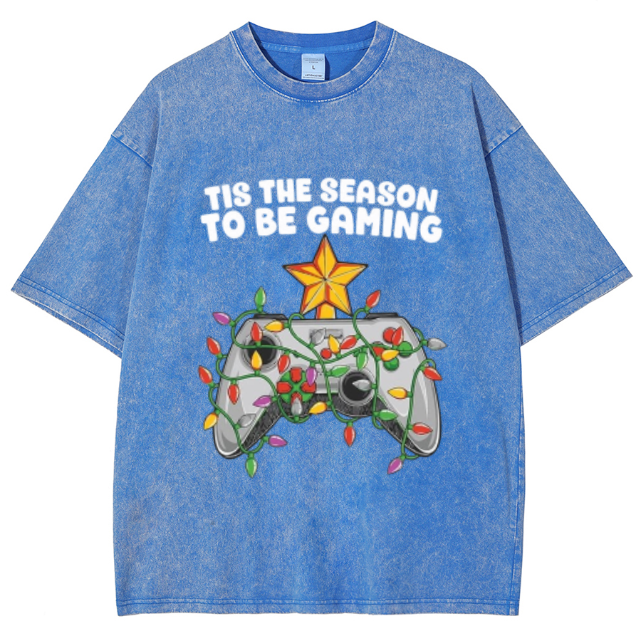 Muchic To Be Gaming Unisex Oversized Print Vintage Wash Denim T-Shirt