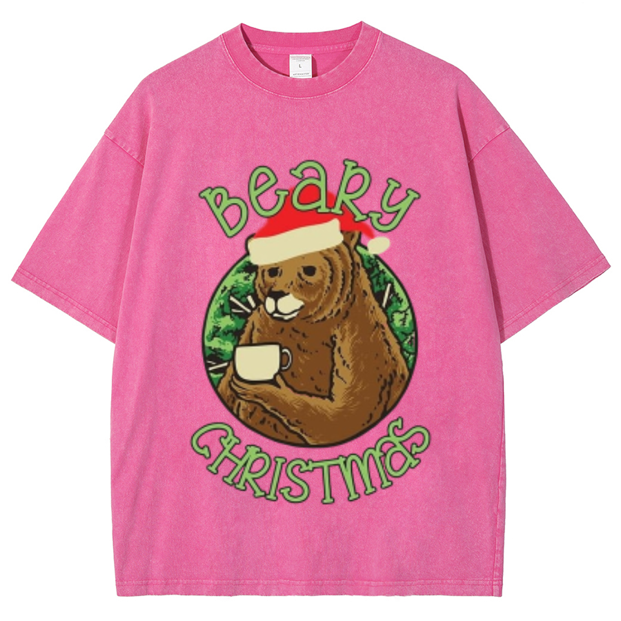 Muchic Beary Christmas Unisex Oversized Print Vintage Wash Denim T-Shirt