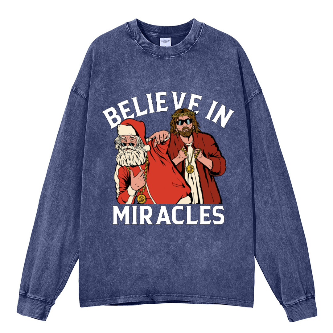 Muchic Believe In Miracles Unisex Casual Washed Printed Round Neck Long Sleeve T-shirt