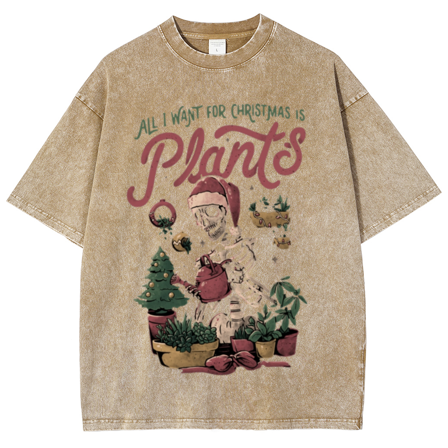 Muchic Christmas Plants Unisex Oversized Print Vintage Wash Denim T-Shirt