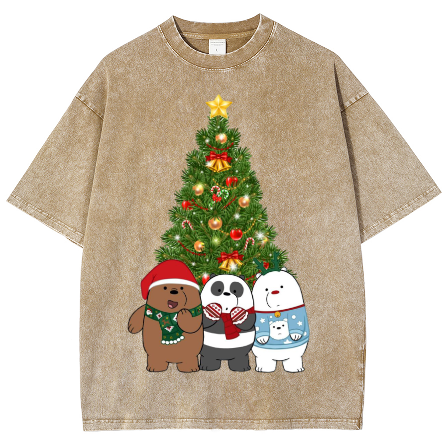 Muchic Bear Christmas Unisex Oversized Print Vintage Wash Denim T-Shirt