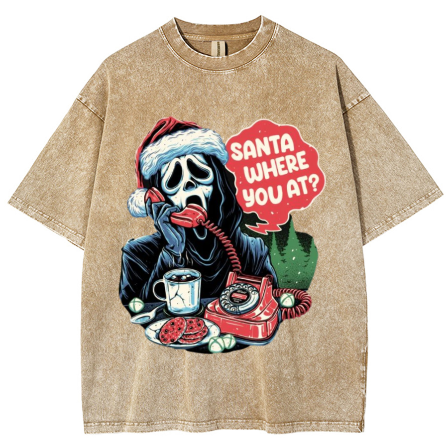 Muchic Santa Where You At Unisex Printed Retro Washed Short Sleeved T-Shirt