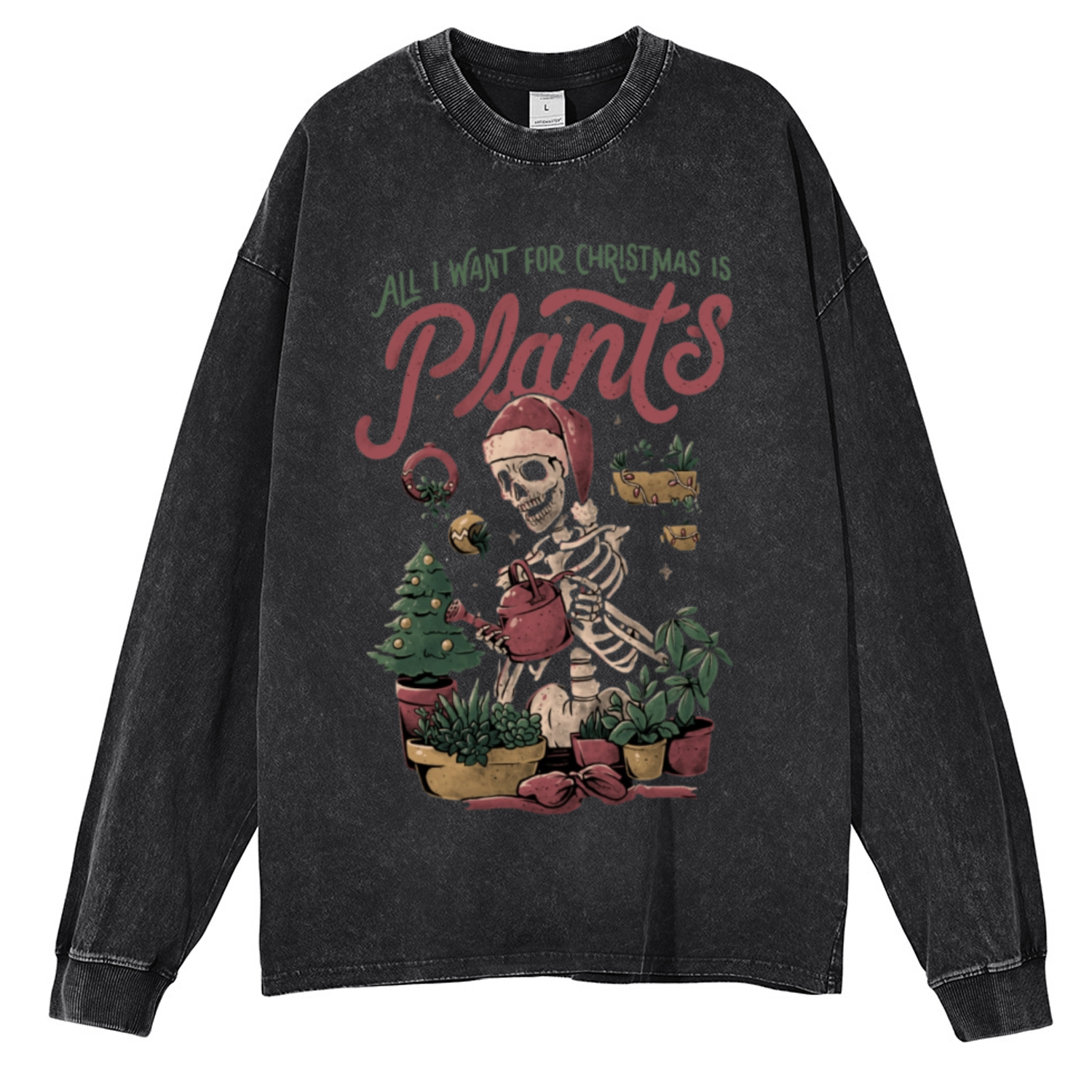 Muchic Christmas Plants Unisex Casual Washed Printed Round Neck Long Sleeve T-shirt