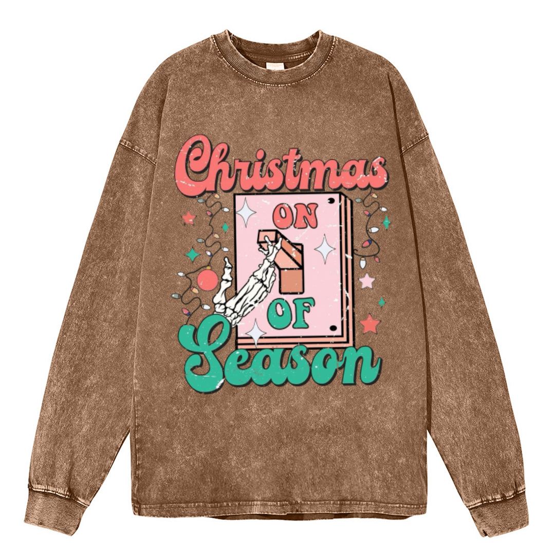 Muchic Christmas Season Unisex Casual Washed Printed Round Neck Long Sleeve T-shirt