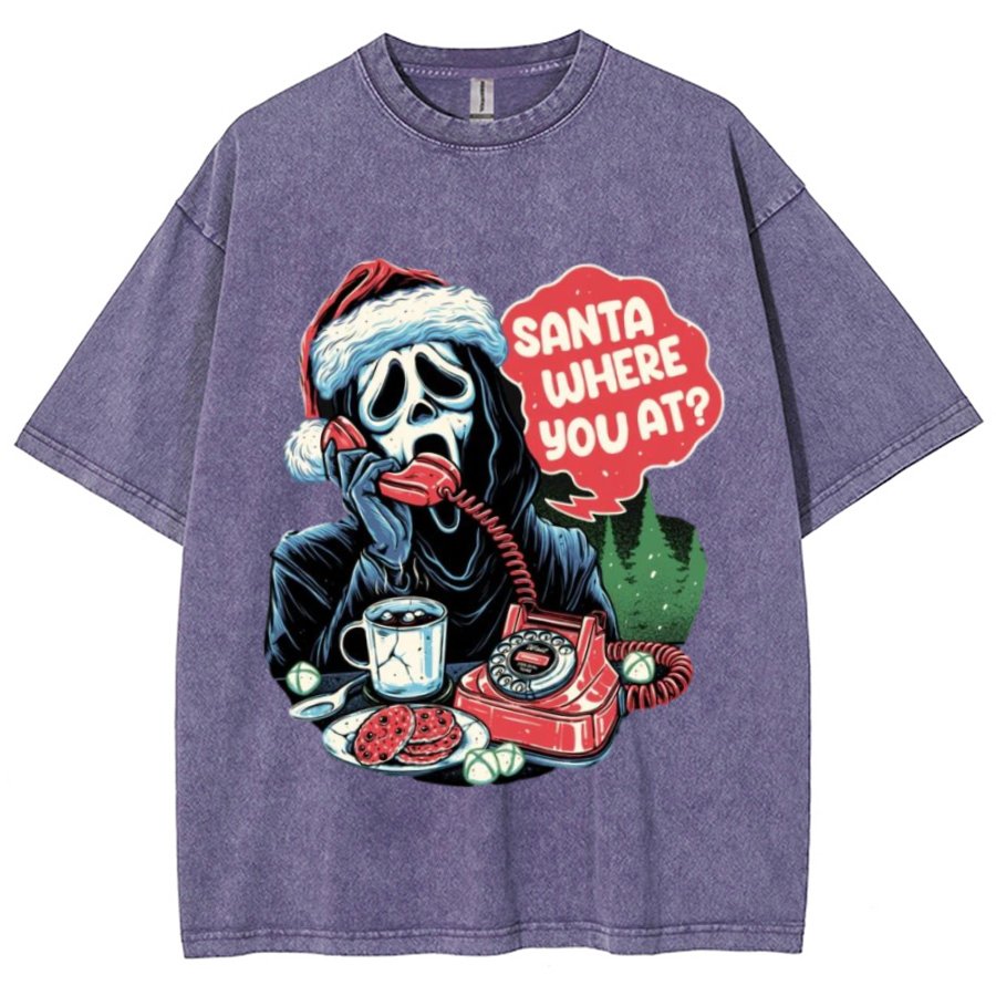 Muchic Santa Where You At Unisex Printed Retro Washed Short Sleeved T-Shirt