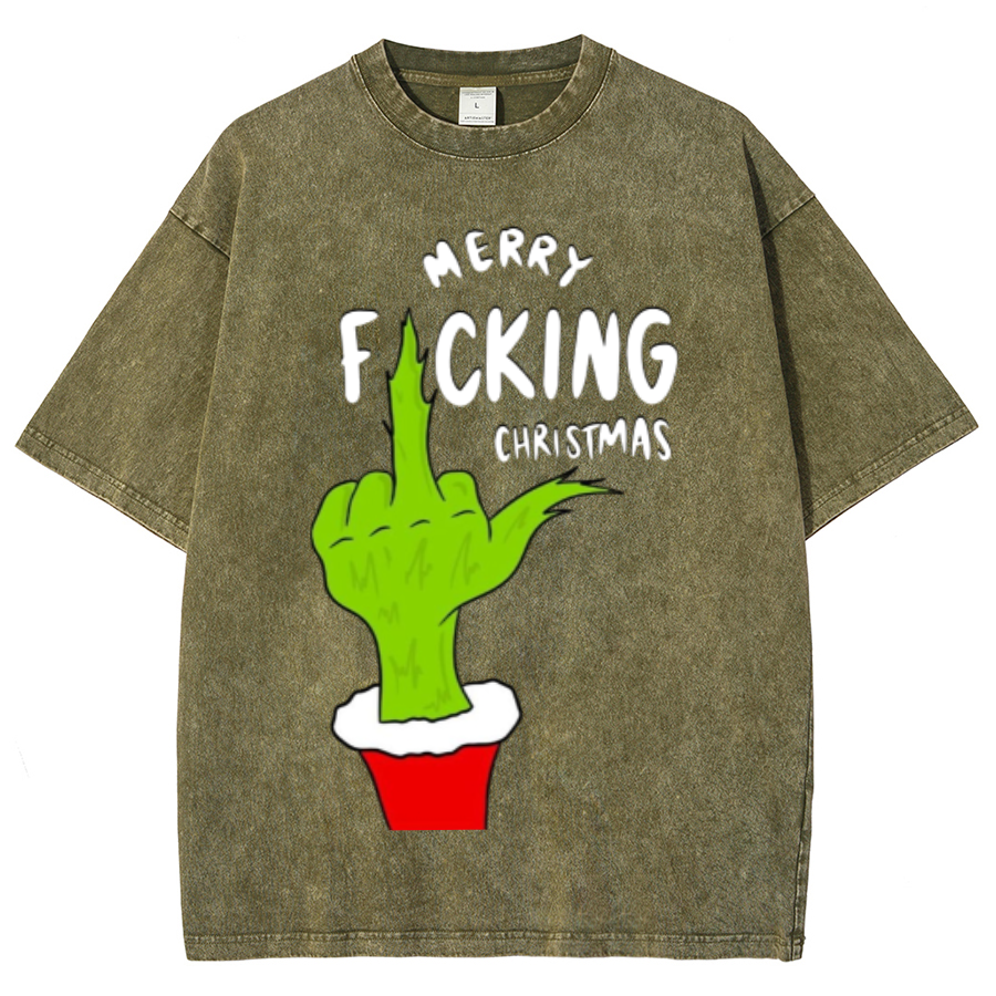 Muchic Merry Fucking Christmas Unisex Oversized Print Vintage Wash Denim T-Shirt