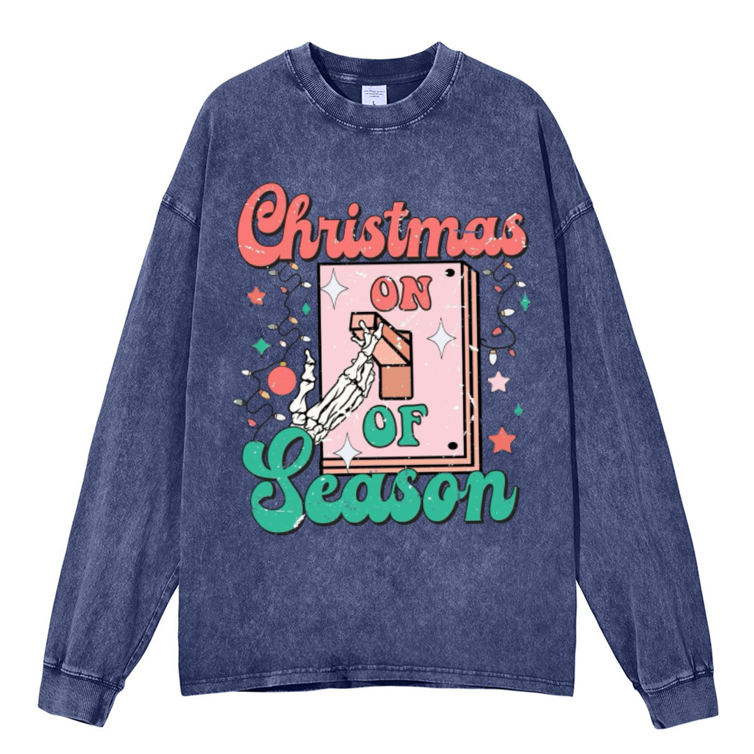 Muchic Christmas Season Unisex Casual Washed Printed Round Neck Long Sleeve T-shirt