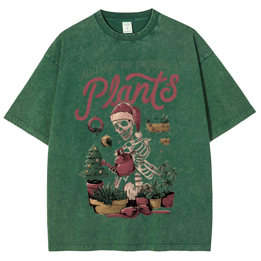 Muchic Christmas Plants Unisex Oversized Print Vintage Wash Denim T-Shirt