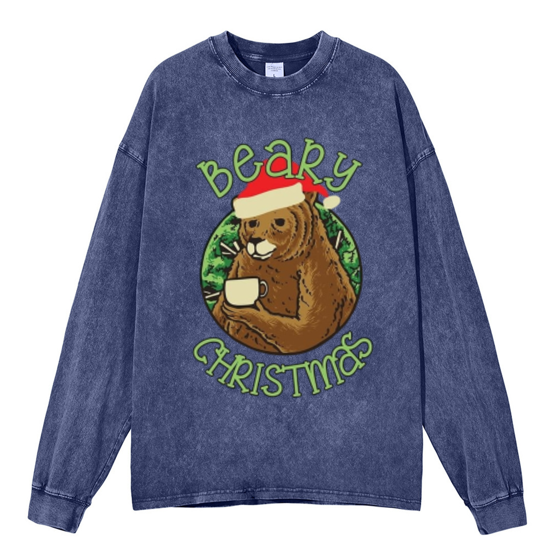 Muchic Beary Christmas Unisex Casual Washed Printed Round Neck Long Sleeve T-shirt