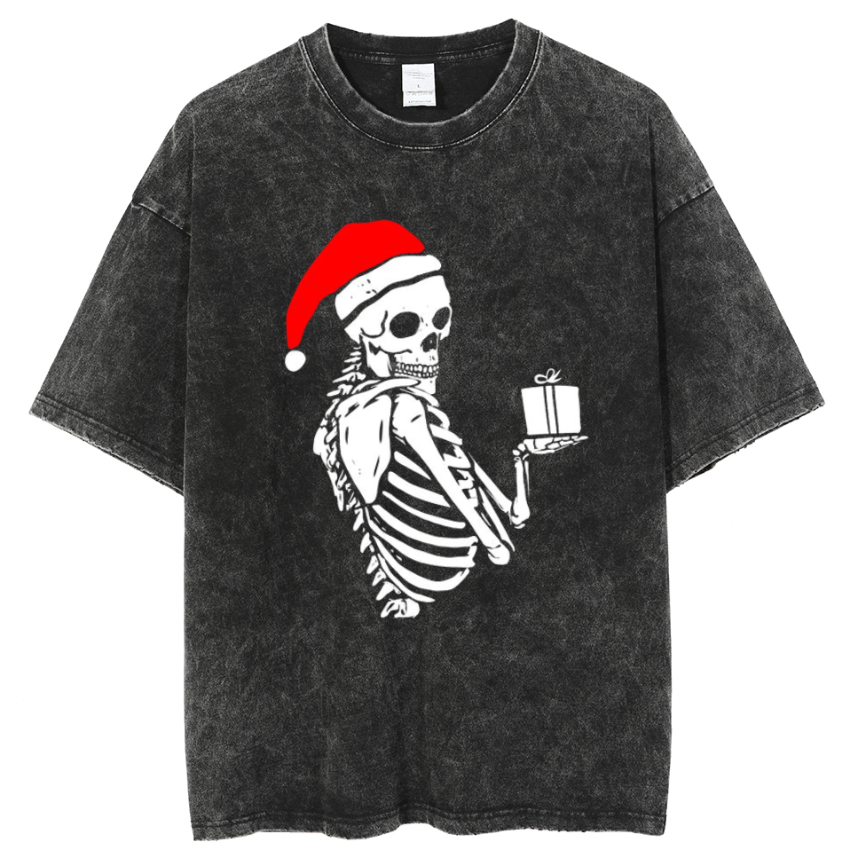 Muchic Christmas Skeleton Unisex Oversized Print Vintage Wash Denim T-Shirt