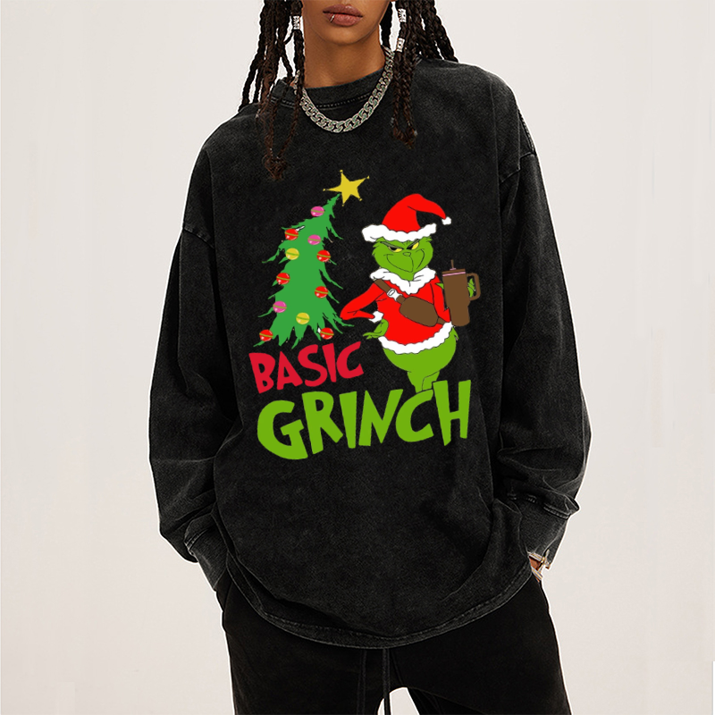 Muchic Basic Grinch Unisex Casual Washed Printed Round Neck Long Sleeve T-shirt