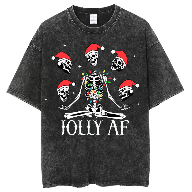 Muchic Unisex Christmas Skeleton Printed Retro Washed Short Sleeved T-Shirt