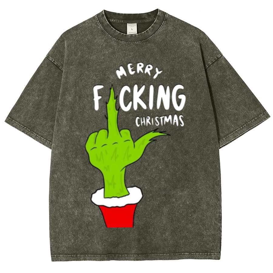 Muchic Merry Fucking Christmas Unisex Oversized Print Vintage Wash Denim T-Shirt