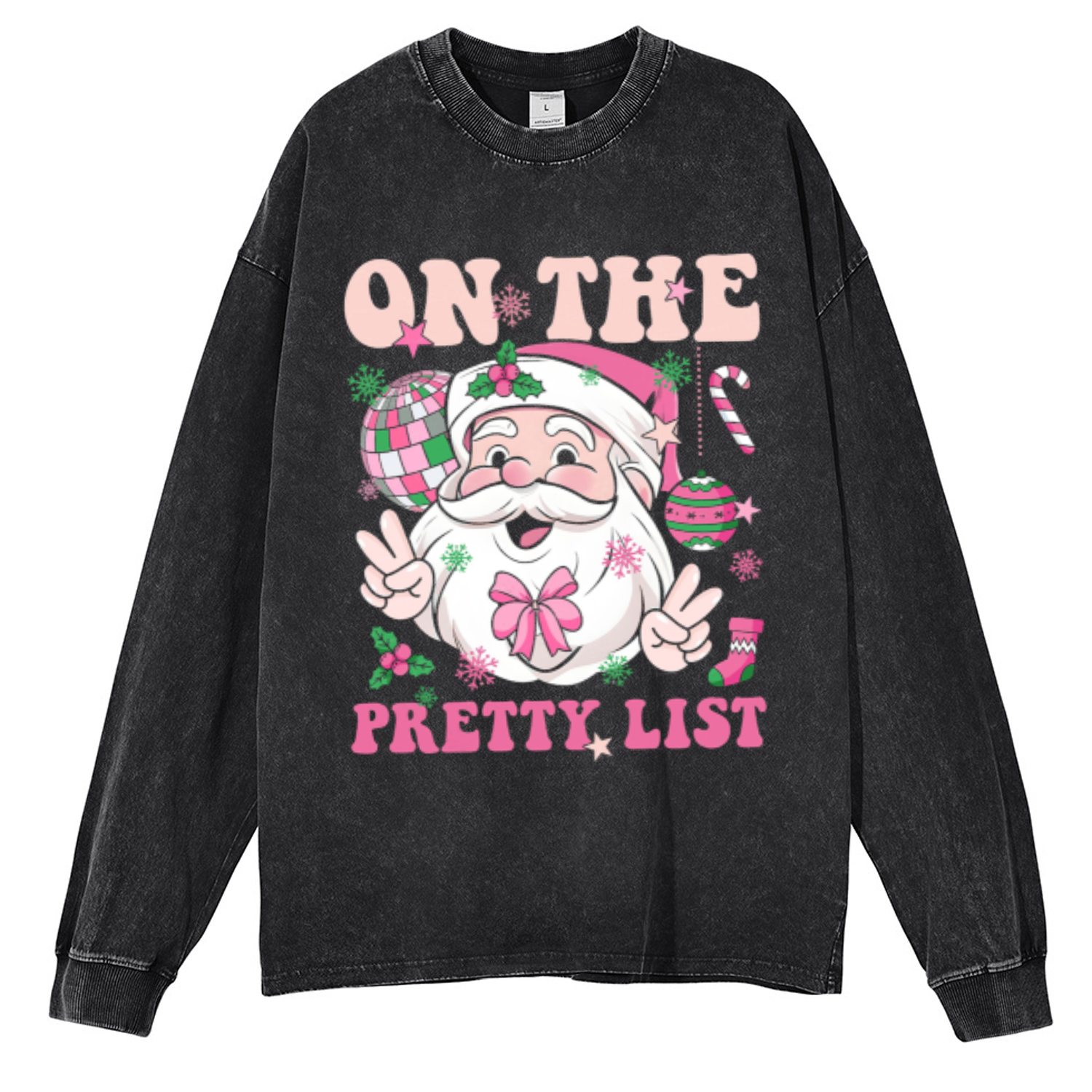 Muchic On The Pretty List Unisex Casual Washed Printed Round Neck Long Sleeve T-shirt