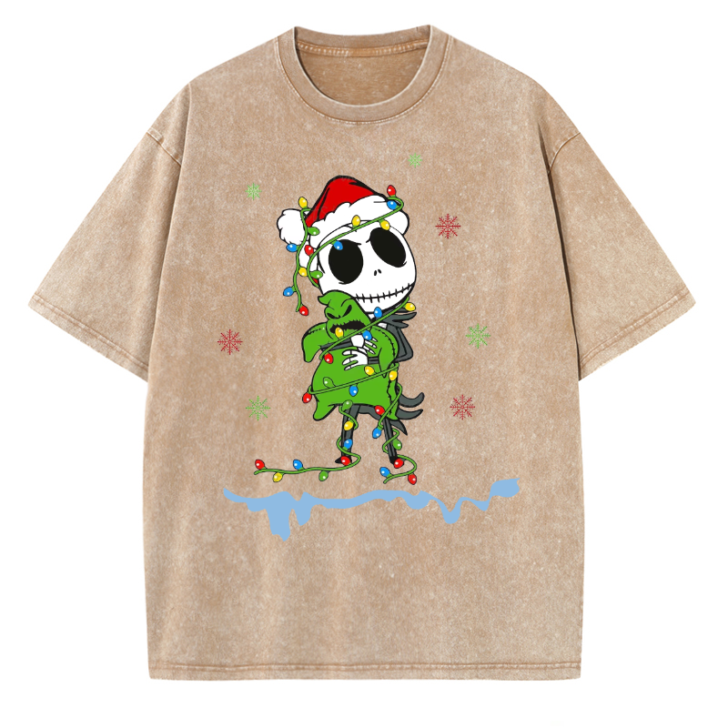 Muchic Unisex Christmas Nightmare Printed Retro Washed Short Sleeved T-Shirt