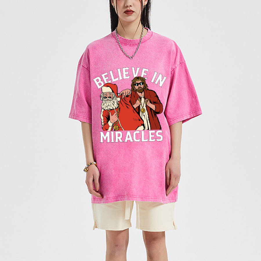 Muchic Believe In Miracles Unisex Oversized Print Vintage Wash Denim T-Shirt