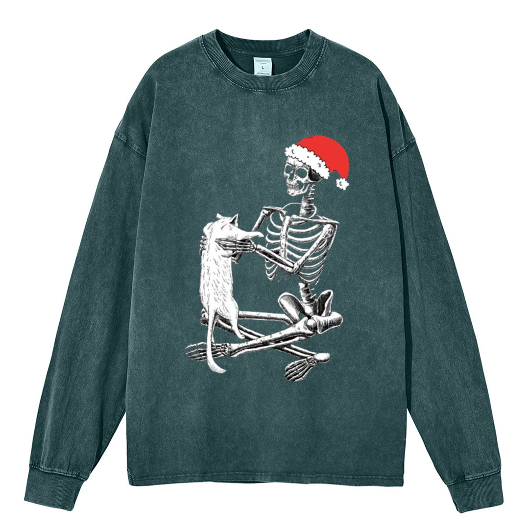 Muchic Christmas Skeleton And Cat Unisex Casual Washed Printed Round Neck Long Sleeve T-shirt