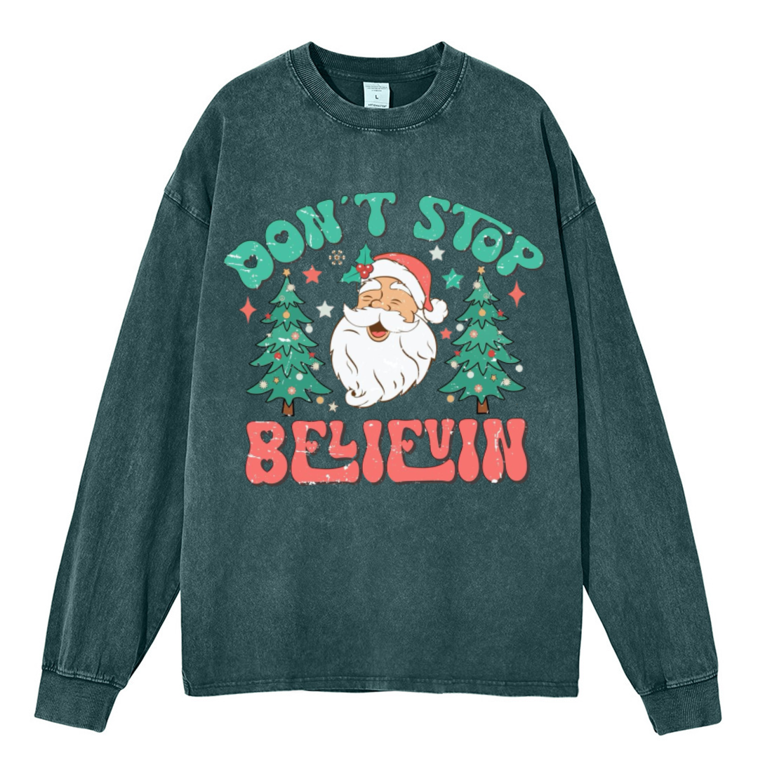 Muchic Dont Stop Believin Unisex Casual Washed Printed Round Neck Long Sleeve T-shirt