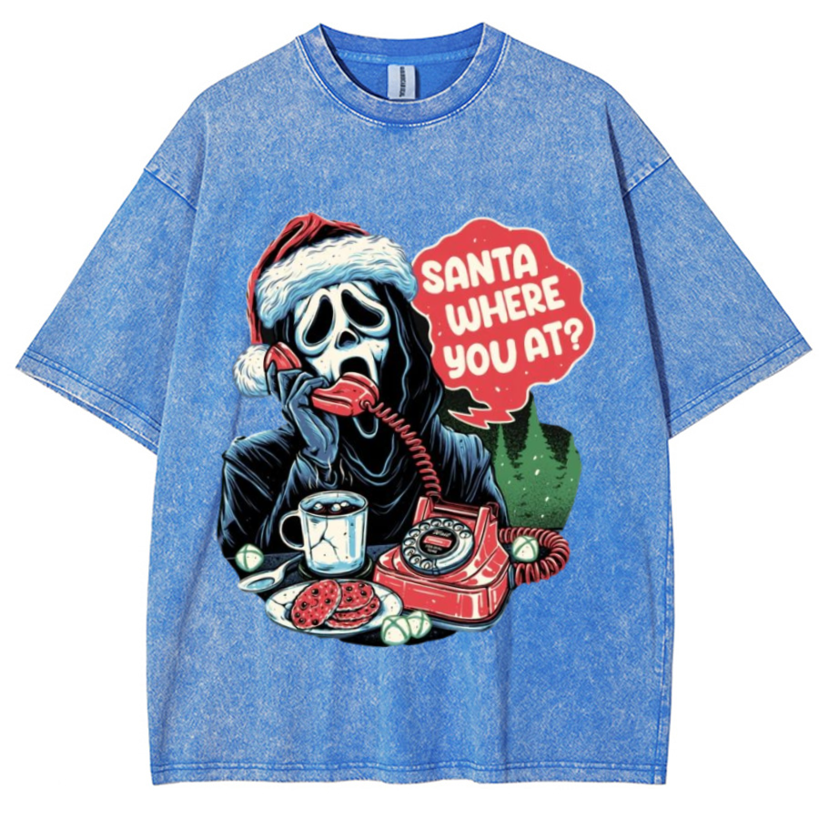 Muchic Santa Where You At Unisex Printed Retro Washed Short Sleeved T-Shirt