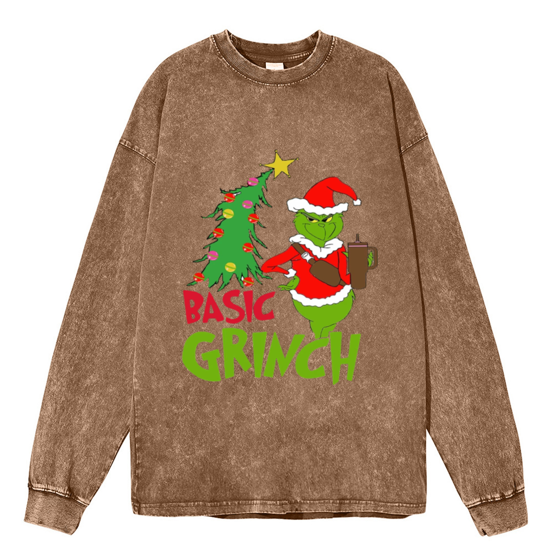 Muchic Basic Grinch Unisex Casual Washed Printed Round Neck Long Sleeve T-shirt