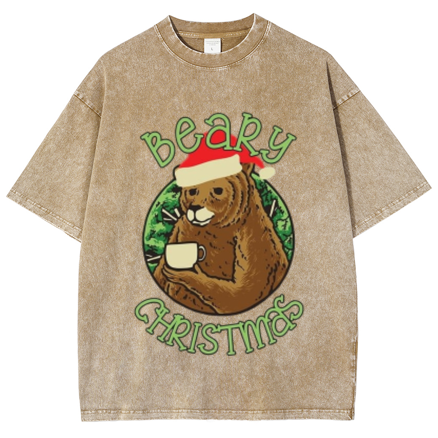 Muchic Beary Christmas Unisex Oversized Print Vintage Wash Denim T-Shirt