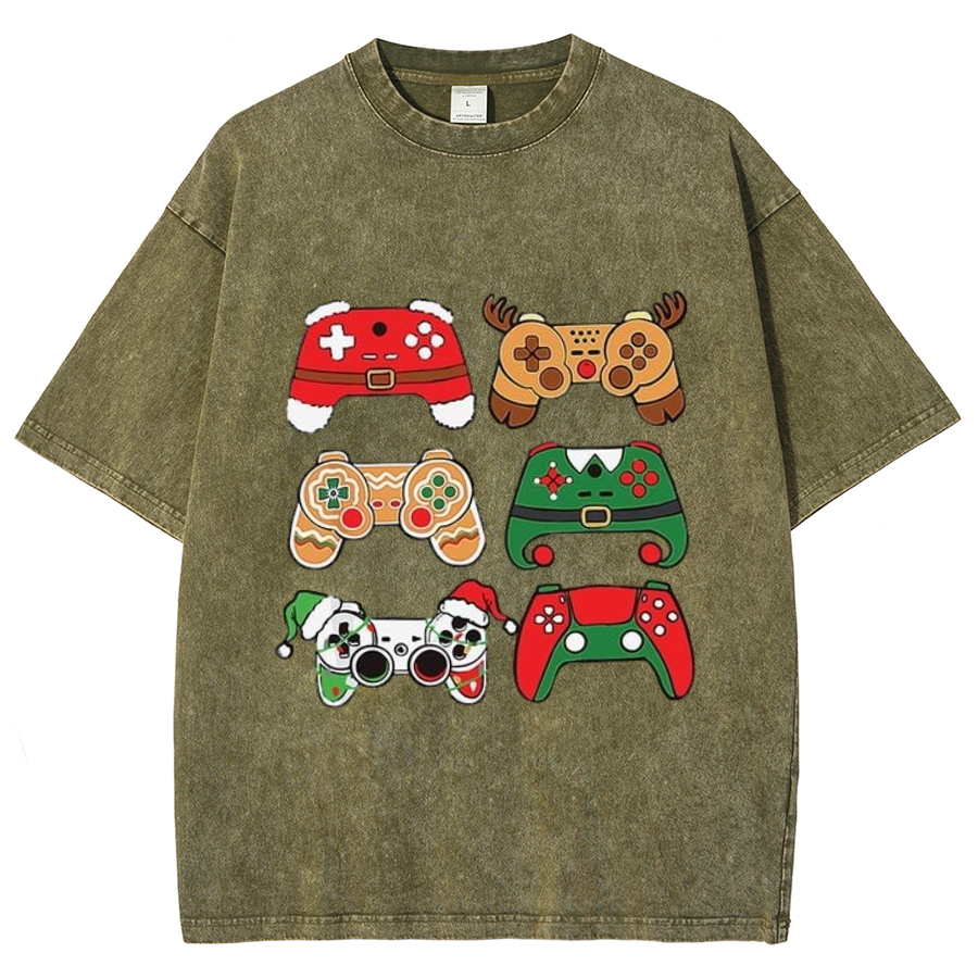 Muchic Game Christmas Unisex Oversized Print Vintage Wash Denim T-Shirt