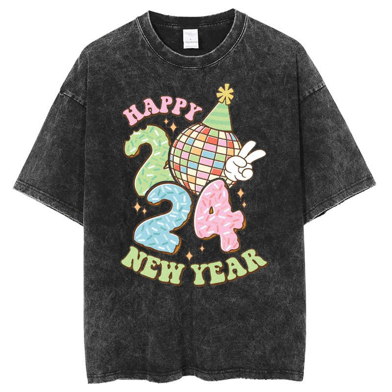 Muchic Unisex Happy New Year Printed Retro Washed Short Sleeved T-Shirt