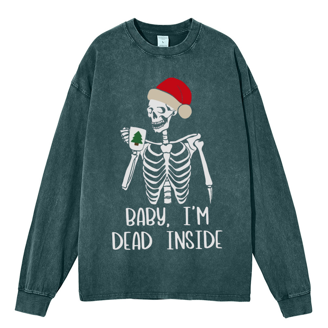 Muchic Dead Inside Unisex Casual Washed Printed Round Neck Long Sleeve T-shirt