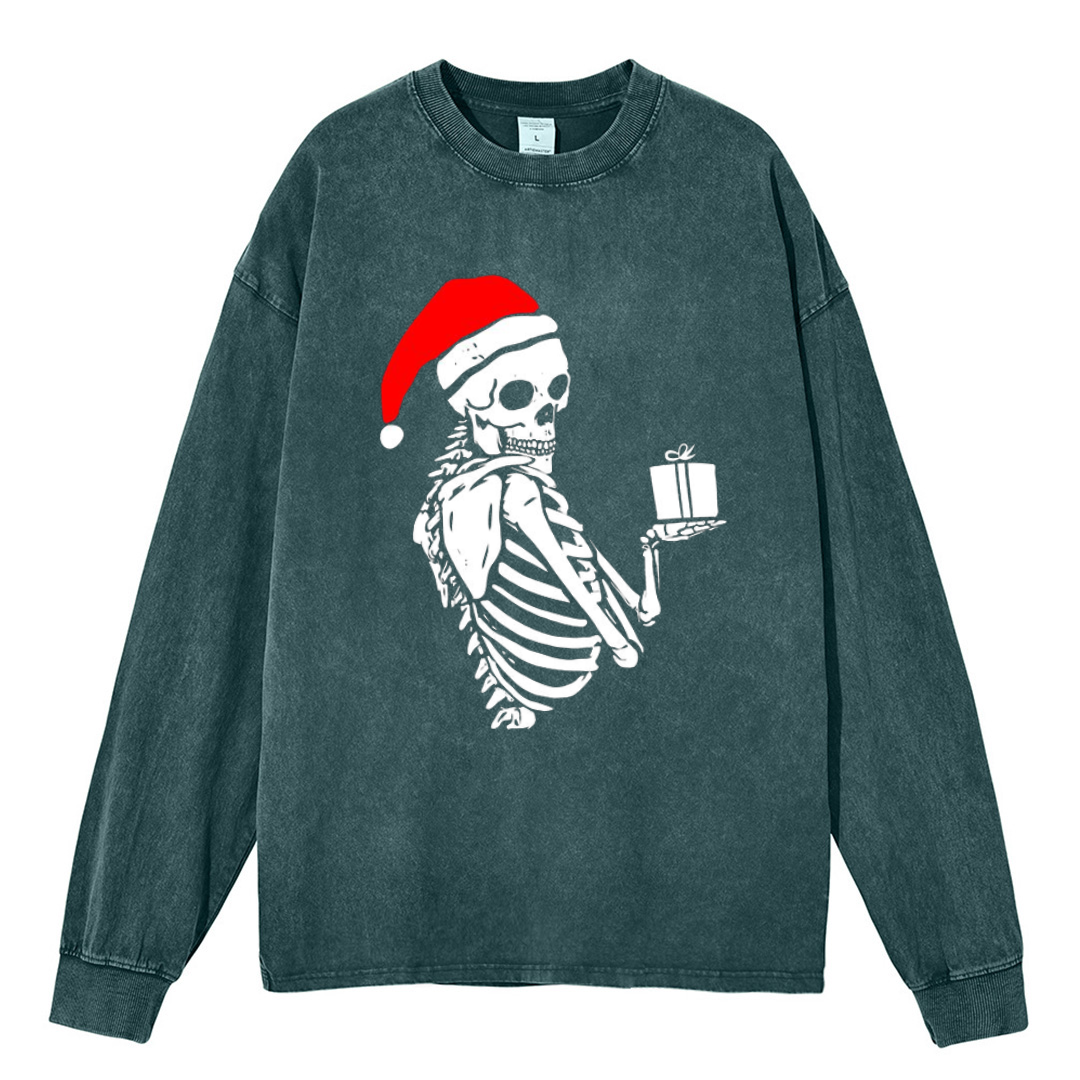 Muchic Christmas Skeleton Unisex Casual Washed Printed Round Neck Long Sleeve T-shirt