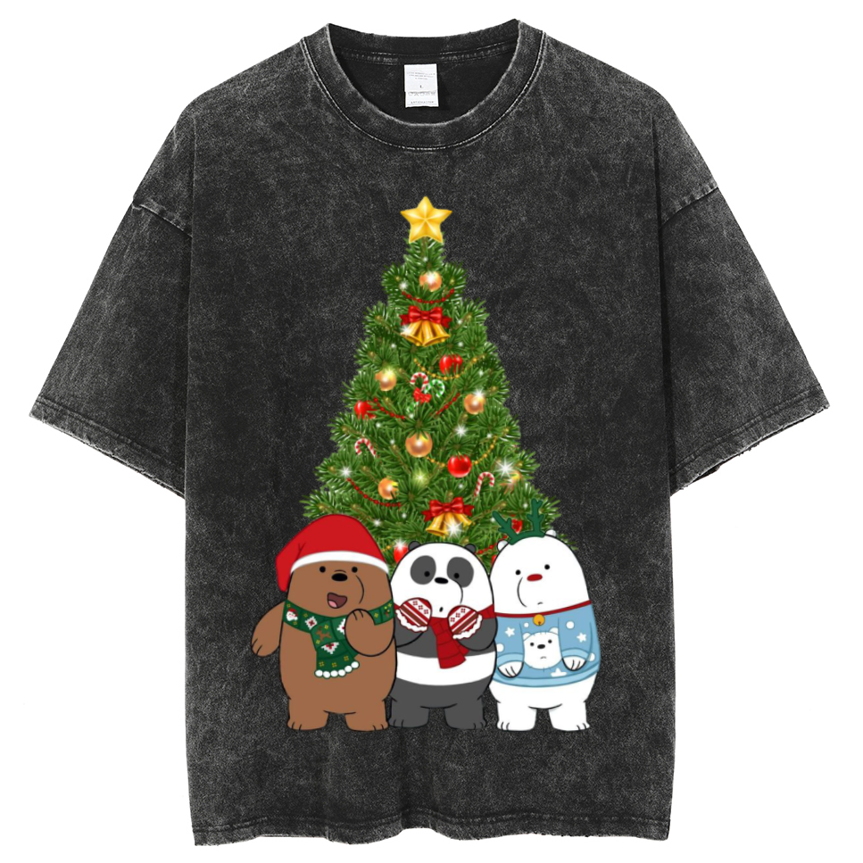 Muchic Bear Christmas Unisex Oversized Print Vintage Wash Denim T-Shirt