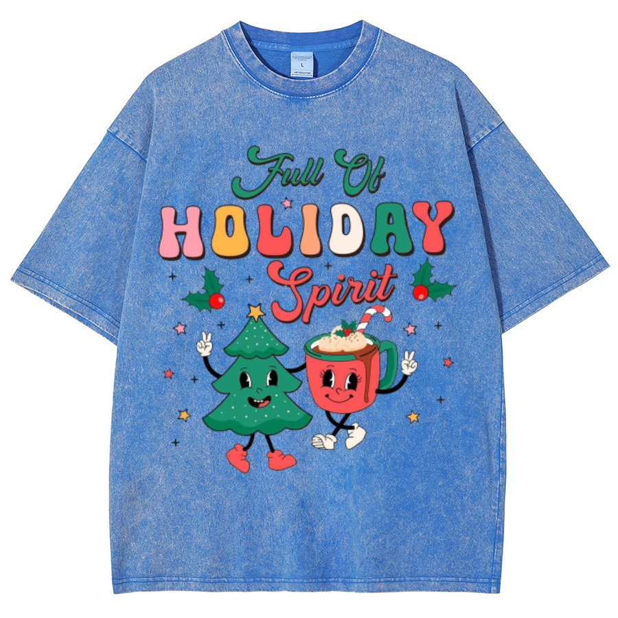 Muchic Full Of Holiday Spirit Unisex Oversized Print Vintage Wash Denim T-Shirt