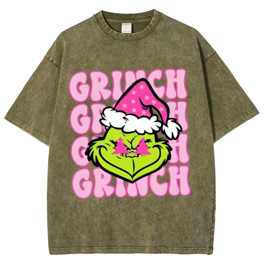 Muchic Grinch Unisex Oversized Print Vintage Wash Denim T-Shirt