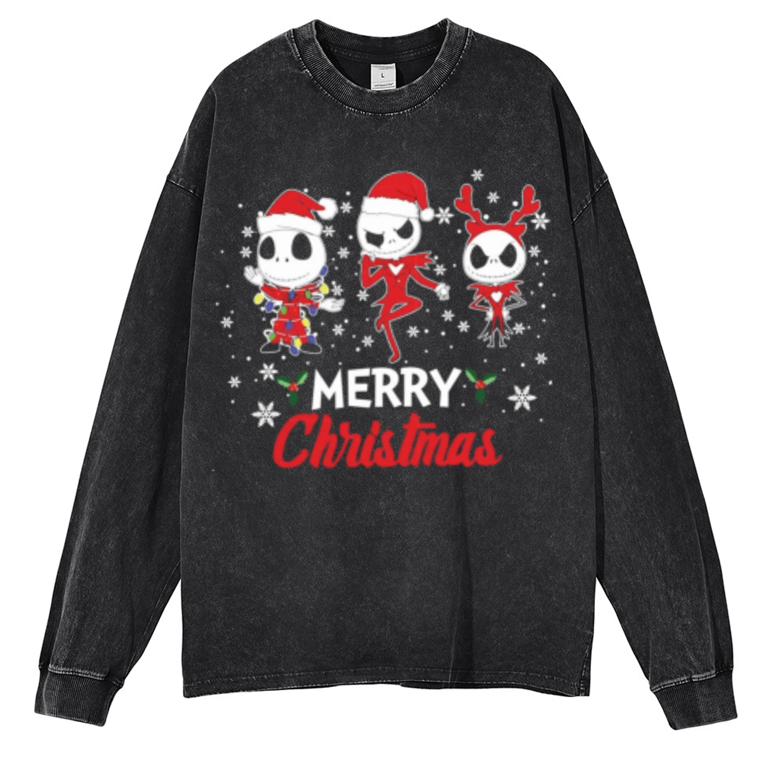 Muchic Merry Christmas Unisex Casual Washed Printed Round Neck Long Sleeve T-shirt