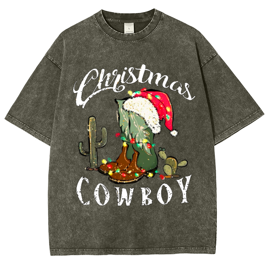 Muchic Christmas Cowboy Unisex Oversized Print Vintage Wash Denim T-Shirt