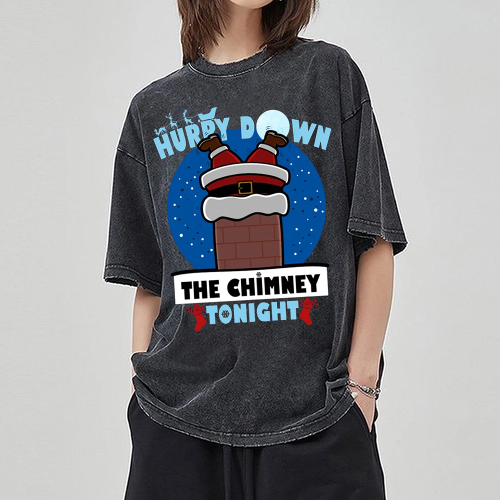 Muchic Unisex Hurry Down The Chimney Tonight Printed Retro Washed Short Sleeved T-Shirt