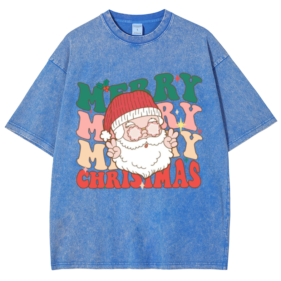 Muchic Merry Christmas Unisex Oversized Print Vintage Wash Denim T-Shirt