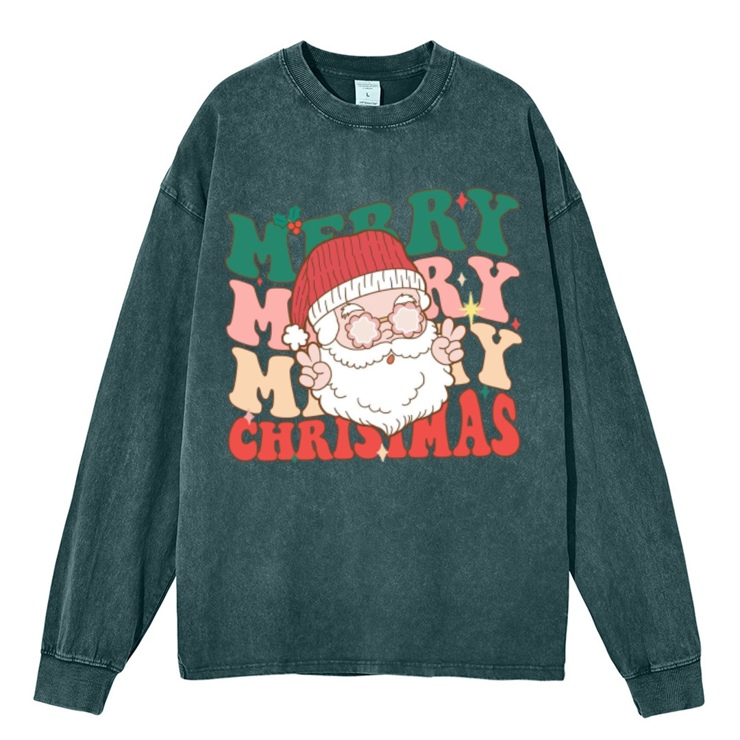 Muchic Merry Christmas Unisex Casual Washed Printed Round Neck Long Sleeve T-shirt