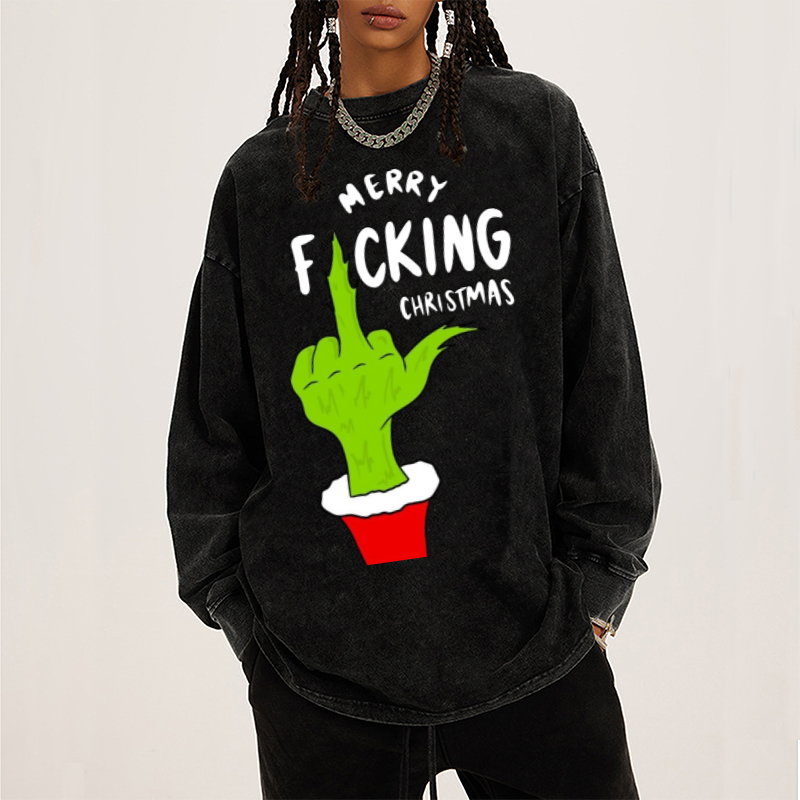 Muchic Merry Fucking Christmas Unisex Casual Washed Printed Round Neck Long Sleeve T-shirt