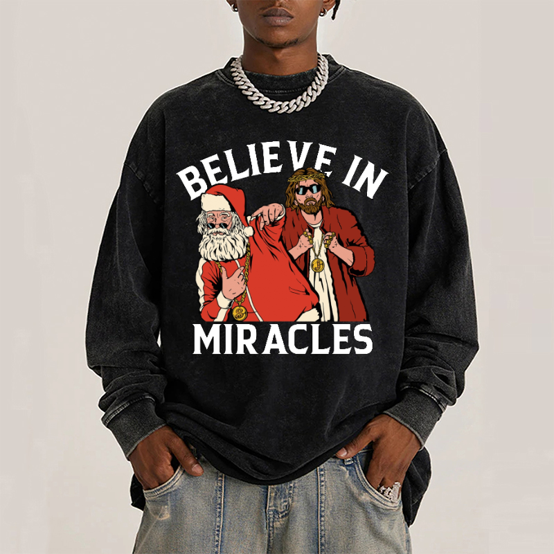 Muchic Believe In Miracles Unisex Casual Washed Printed Round Neck Long Sleeve T-shirt