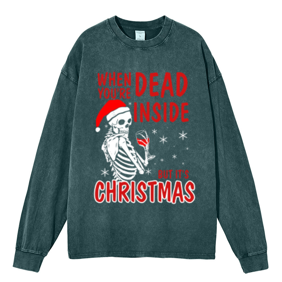 Muchic Its Christmas Unisex Casual Washed Printed Round Neck Long Sleeve T-shirt