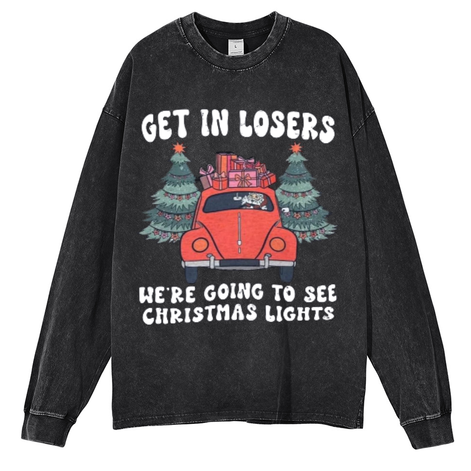 Muchic Get In Losers Unisex Casual Washed Printed Round Neck Long Sleeve T-shirt