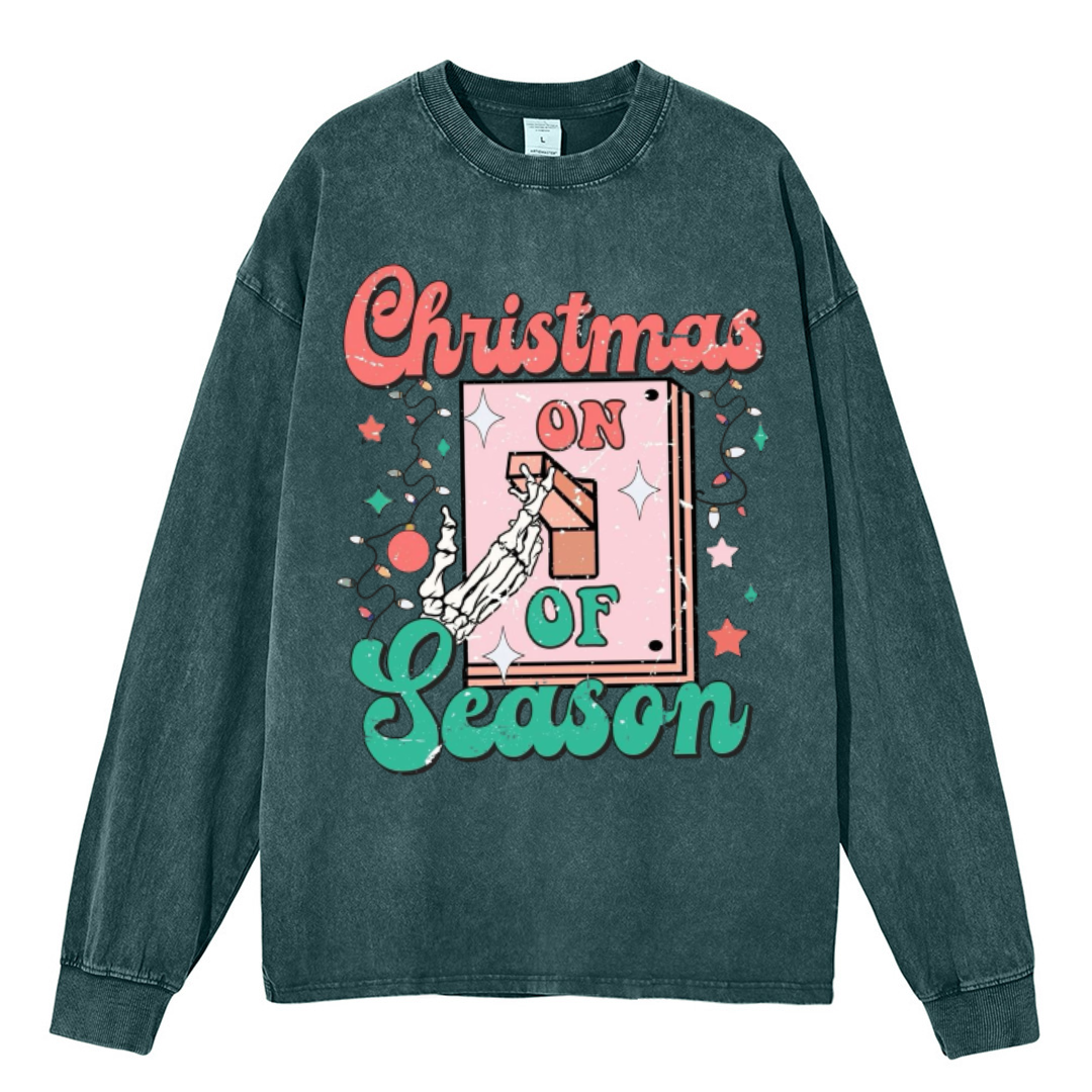 Muchic Christmas Season Unisex Casual Washed Printed Round Neck Long Sleeve T-shirt