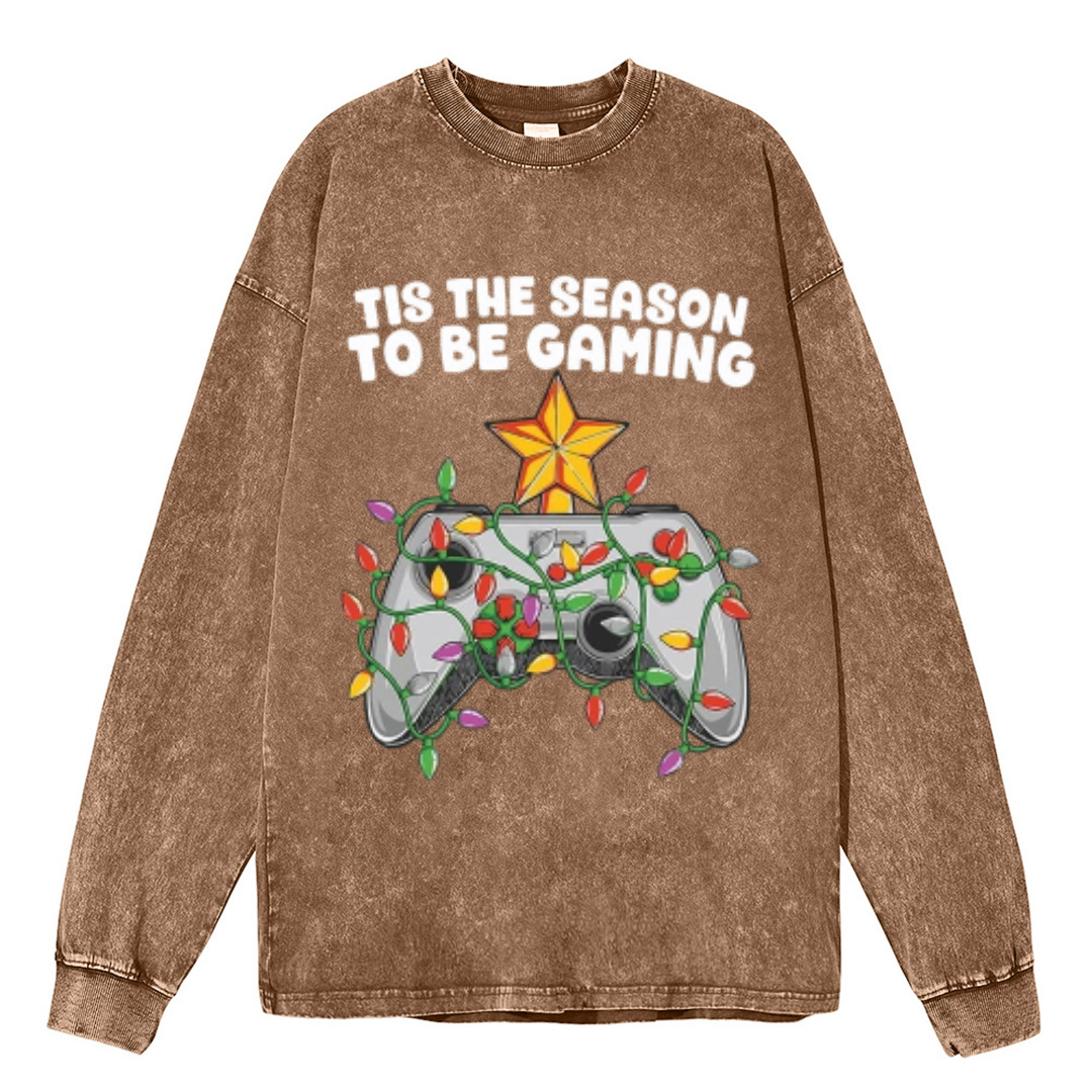 Muchic To Be Gaming Unisex Casual Washed Printed Round Neck Long Sleeve T-shirt