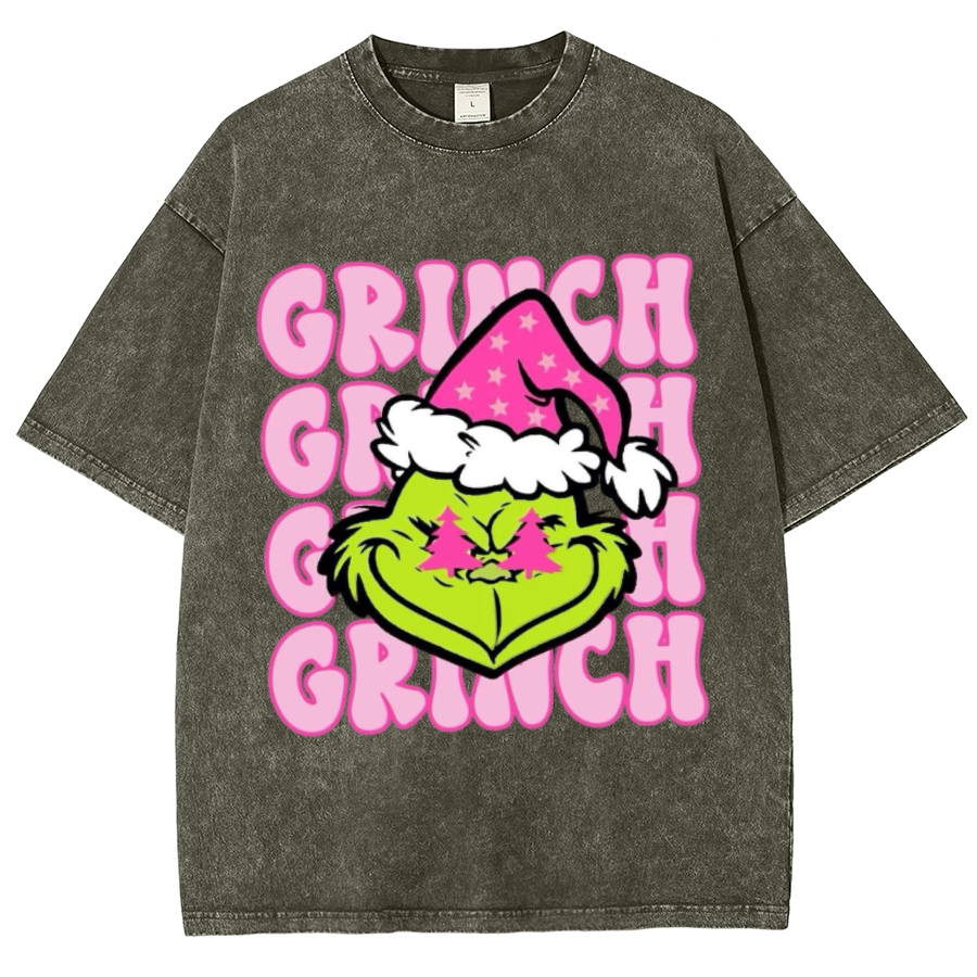 Muchic Grinch Unisex Oversized Print Vintage Wash Denim T-Shirt